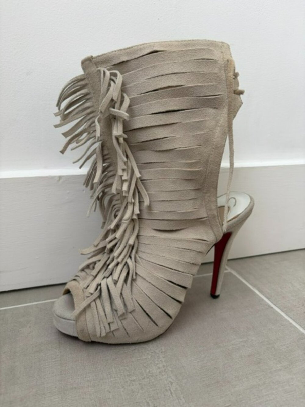 Fringed Christian Louboutin suede ankle booties with damaged, size 40 (US 9-9.5)